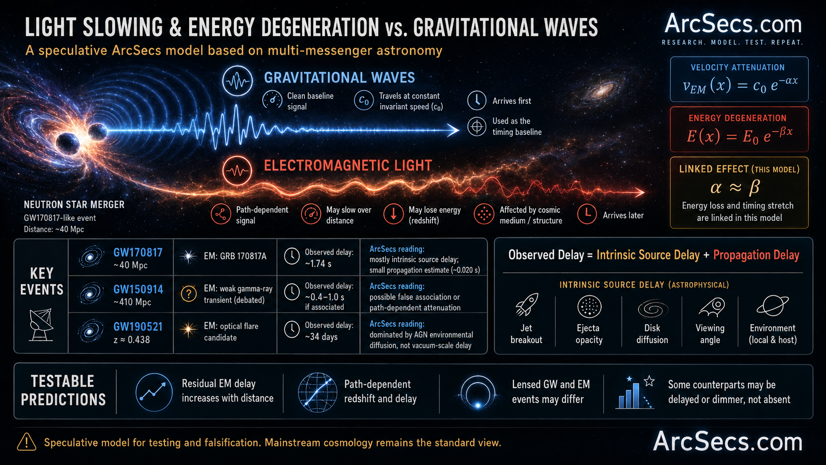 Speculative ArcSecs model showing gravitational waves as a baseline and electromagnetic light as a path-dependent delayed signal.