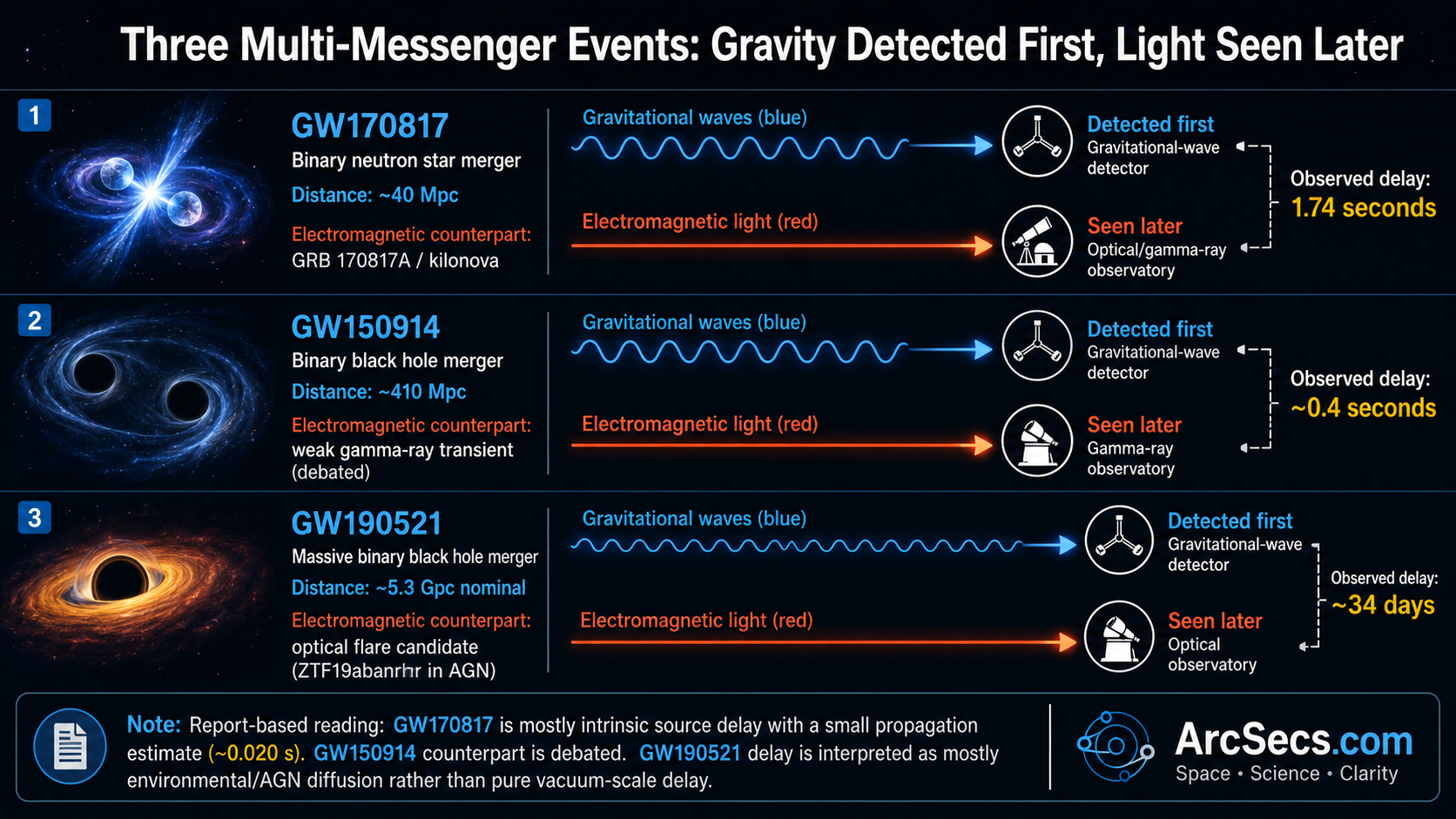Three multi-messenger event timeline comparing gravitational wave detection and later electromagnetic observations for GW170817, GW150914, and GW190521.