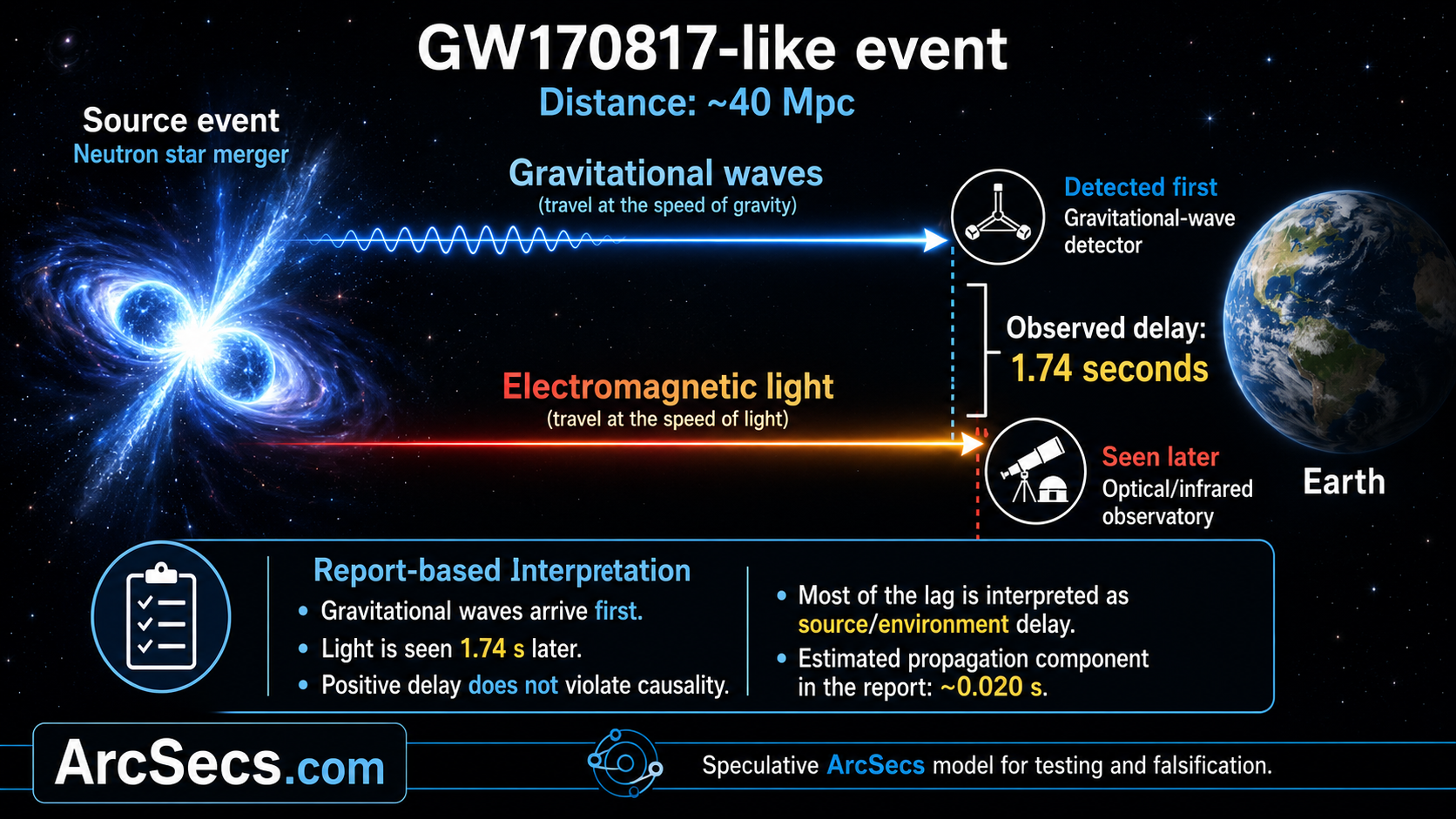 GW170817-like neutron star merger diagram showing gravitational waves detected first and electromagnetic light seen 1.74 seconds later.