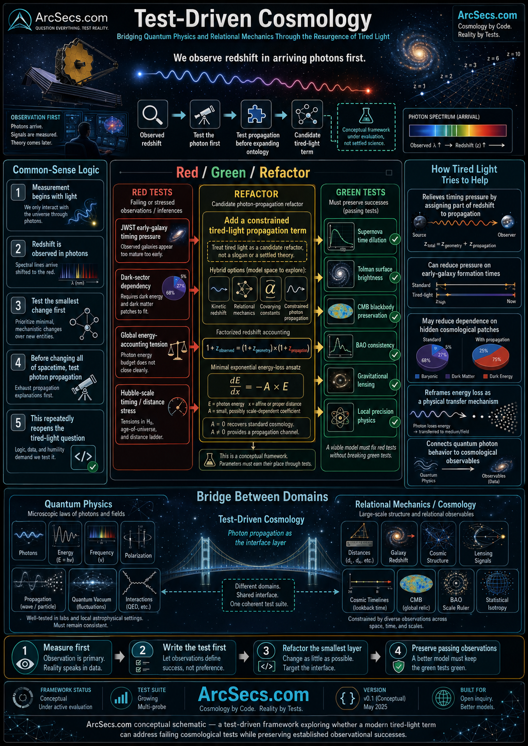 Test Driven Cosmology Tired Light Relational Mechanics - ArcSecs.com
